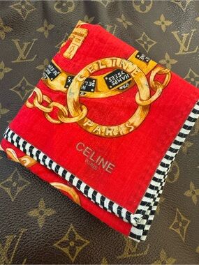 Celine Red Cotton Scarf with Gold Chain Motif